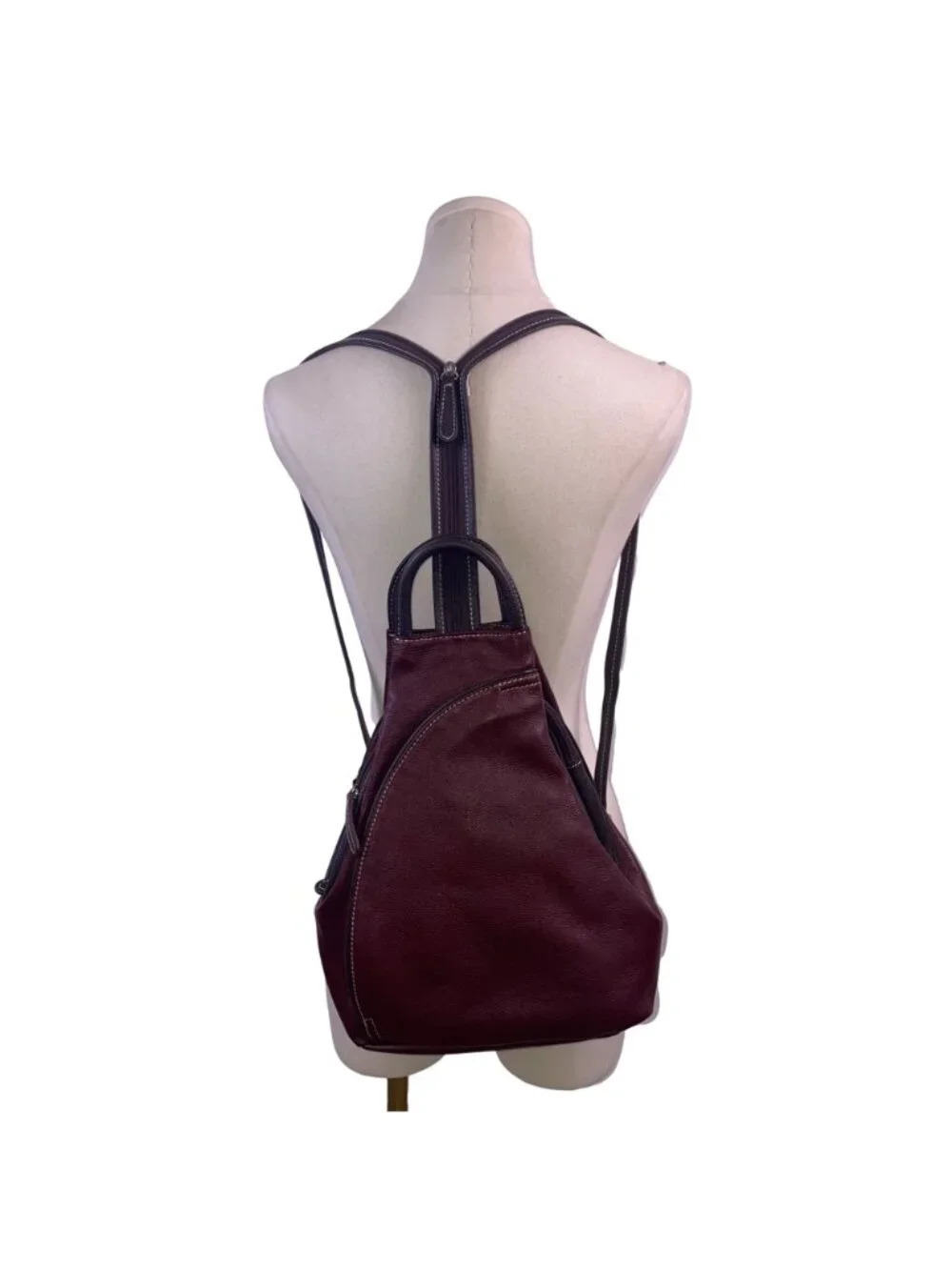 Women’s Burgundy Leather Multiple Compartments Sling Adjustable Straps Backpack
